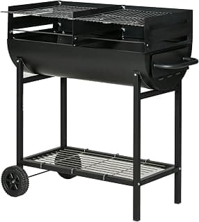 Barbacoa de Carbón Ajustable para Exterior 90x45x96 cm Negro | Parrilla Ajustable en Altura, Barbacoa Portátil, Estante de Almacenaje, Ruedas