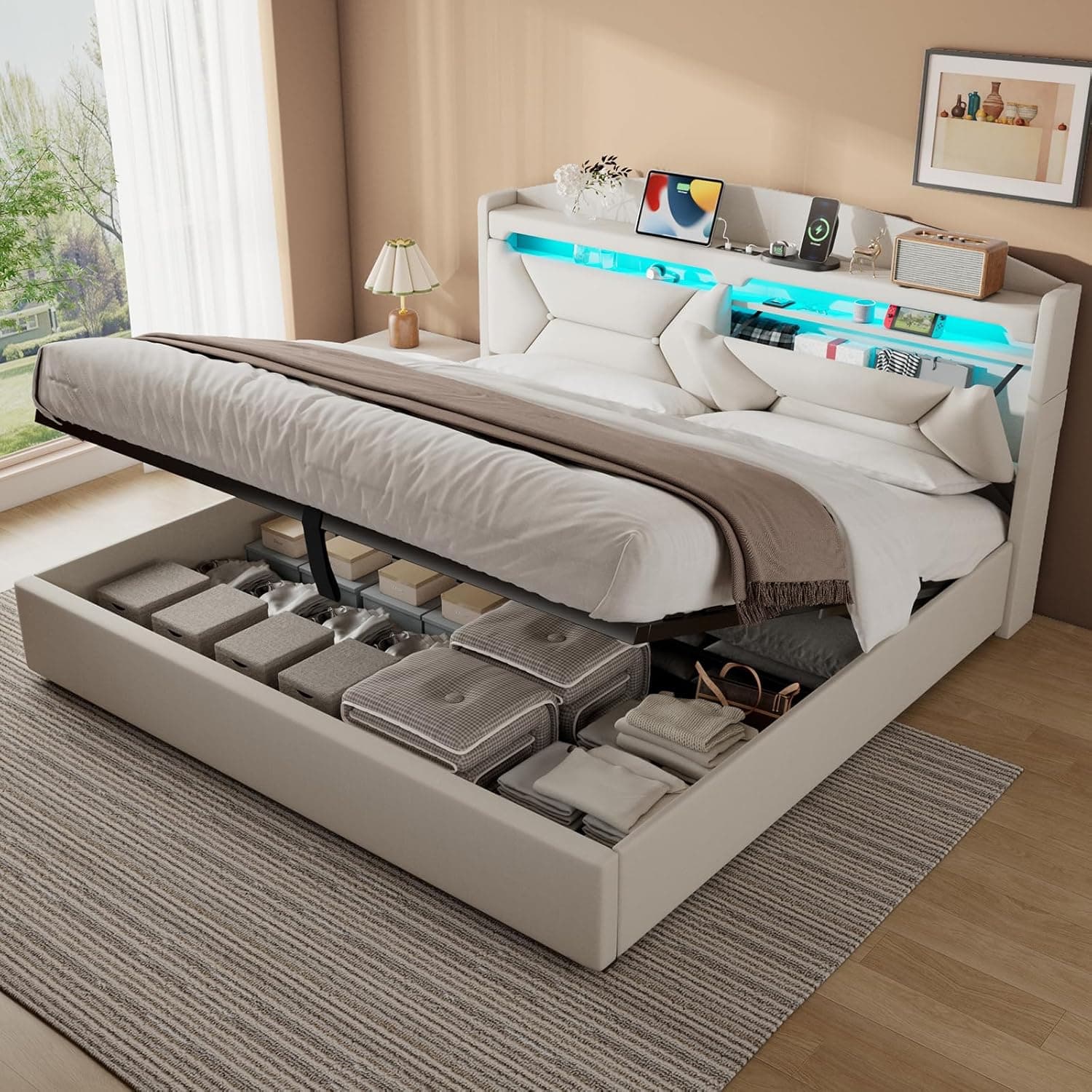 Cama con almacenaje Beige