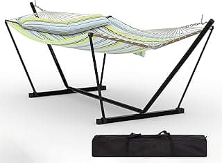 Hamaca para 2 Personas con Soporte y Barra de Madera, Verde | Acolchada y Antidesgarro, 450 LBS, Portátil para Jardín Patio Playa, Incluye Bolsa de Transporte