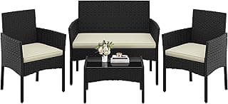 Conjunto Jardin Exterior Muebles Jardin de Ratán de 4 Piezas | 4 Piezas (1 Sofá y 2 Sillones con Cojines y 1 Mesa con Vidrio), para Patio/Terraza/Balcón , Color Negro/Beige