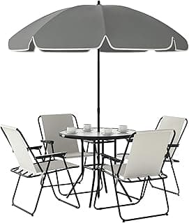 Conjunto de Mesa y Sillas Jardín de 6 Piezas Muebles de Jardín Exterior con 4 Sillas Plegables Mesa de Vidrio y Sombrilla para Terraza Patio Crema | Muebles de Jardín Exterior, 4 Sillas Plegables, Sombrilla, para Terraza Patio