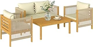 Conjunto de Jardín Exterior de 4 Piezas con Sofá 2 Plazas Beige | Muebles Jardín Exterior, 2 Sillones, Mesa de Madera de Acacia, Cojines Acolchados, Decoración de Cuerda PP, para Terraza