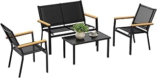 Conjunto Jardín Exterior de 4 Piezas con Sofá de 2 Plazas Negro | Muebles Jardín Exterior, 2 Sillones, Mesa de Cristal Templado, Tela Textilene, Reposabrazos Anchos
