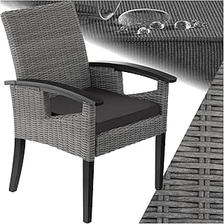 Silla de Ratán con Patas y Reposabrazos en Madera, Muebles Jardín Exterior Resistentes a la Intemperie, Silla para Conjunto Jardín Exterior, Cojín Lavable y Extraíble, Fácil Montaje - Gris