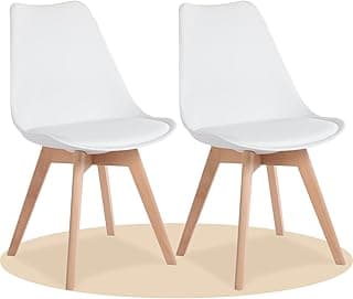 Pack de 2 Sillas de Comedor, Sillas de Cocina con Respaldo Ergonómico, Asiento Acolchado Tapizado y Patas de Madera Maciza de Haya, Blanco
