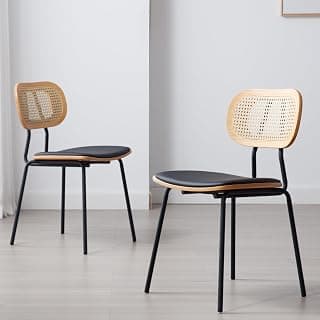 Juego de 2 Sillas de Comedor Marco de Metal, Negro | Silla de Cocina,Respaldo de Ratán, Patas Metal Ajustable, Asiento Tapizado de PU Cuero, para Hogar/Restaurante
