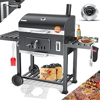 Parilla de Carbón con Carrito Grill con Tapa, Ruedas, Mango de Acero Inoxidable | Barbacoa y Termómetro Carbón Grande BBQ Asador Camping, Terraza, Jardín XXL Gris