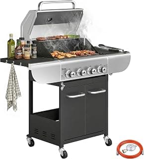 Barbacoa de Gas con 4 Quemadores 12,8 kW con Termómetro Negro | Barbacoa Portátil, Mesas Laterales, Armario, Rejilla Calentadora, Parrillas de Hierro Fundido, Recogedor Grasa