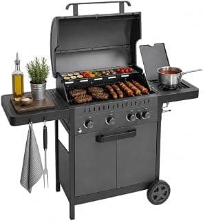 Barbacoa de Gas IGNIS 4+1 (4 Quemadores + 1 Lateral) - 123 x 55 x 110 cm - Superficie de Cocción 60 x 38 cm - Con Termómetro, Bandejas Laterales, Ruedas y Parrilla de Hierro Fundido - Negro