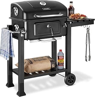 Barbacoa de Carbon con Tapa, Parrilla Barbacoa Carbon, BBQ Grill, Bandeja Regulable, Termómetro y Ruedas, con Ahumador de Alimentos, Asador de Carne - 64 x 110 x 104 cm