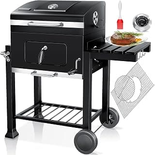 Parilla de Carbón con Carrito Grill con Tapa, Ruedas, Mango de Acero Inoxidable | Barbacoa y Termómetro Carbón Grande BBQ Asador Camping, Terraza, Jardín XL Negro