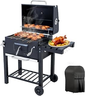 Barbacoa de Carbón, Parrilla con Tapa de Acero de 56×42,5 cm, Bandeja Ajustable en Altura, Mesa Lateral Plegable, Incluye Funda