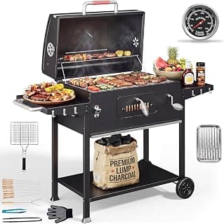 Parrilla de carbón XXL, barbacoas de carbón con tapa, barbacoa grande para balcón, jardín, exterior, barbacoa con parrilla de 71 × 43 cm/termómetro/pinzas para pescado/bandeja para barbacoa