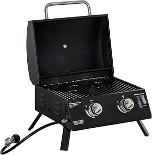 Barbacoa de Mesa a Gas Plegable con 2 Quemadores Parrilla de Gas Portátil con Tapa Acero a Carbono para Camping Picnic al Aire Libre Jardín 55x46,5x41 cm Negro