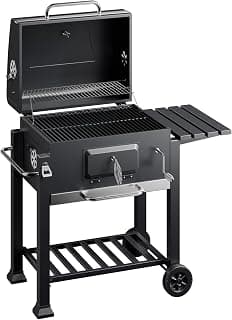 Barbacoa carbon vegetal móvil con tapa, estante, trampilla, altura de brasas regulable, termómetro, grill asador parrilla BBQ