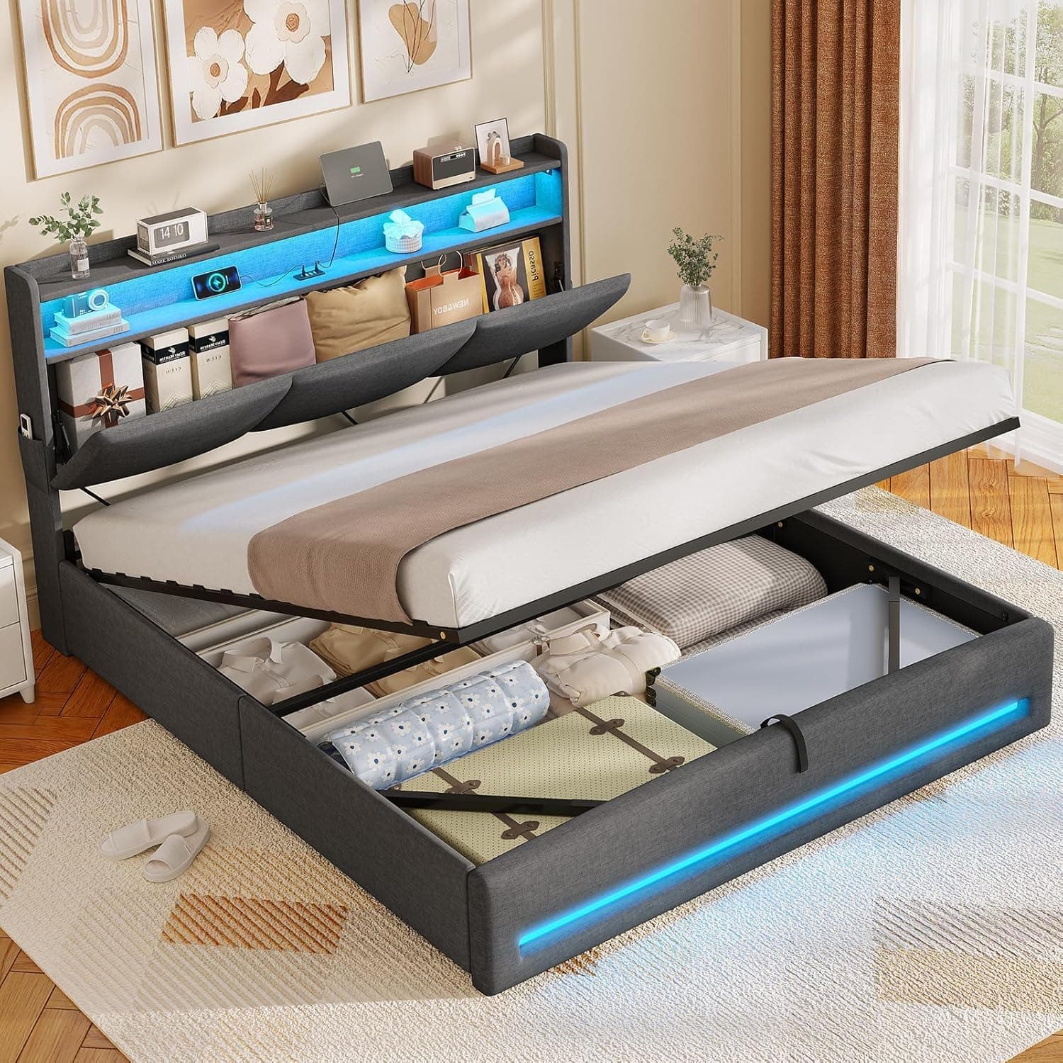 Cama con almacenaje hidráulico Gris Oscuro