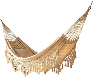 Hamaca al Aire Libre Cámping Hamacas de jardín Cama de Hamaca de algodón Hamacas con Flecos de macramé amaca Balcón Boho amaca de borlas Hecha Mano amacas (Azul, 240x150cm, 200kg) | Boho Macramé de Algodón con Borlas para Jardín y Patio amacas para 2 personas 250KG