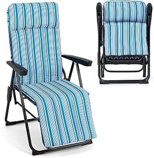 Hamaca Jardin Tumbona Plegable, Sillas Playa Reclinable | Respaldo en 6 Posiciones, Cojín Acolchado y Apoyabrazos, Tumbona Portátil Terraza Piscina Camping, Carga 150 kg