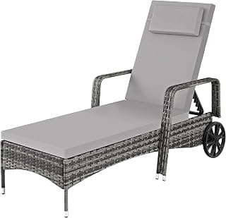 Tumbona Chaise Longue, Ajustable de Poliratán con Ruedas, Mueble Exterior Sofa Acolchado para Jardín y Terraza, 6 Posiciones, Fácil de Limpiar, Moderno, Hamaca de Jardín - Gris/Gris Claro