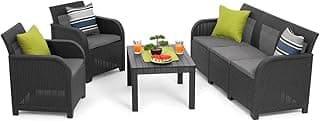 Conjunto de Jardín Sanremo 2 sillones y sofá 3 plazas y Mesa Auxiliar | 62x130x64 cm, color gris, Resina imitación ratán Trenzado.