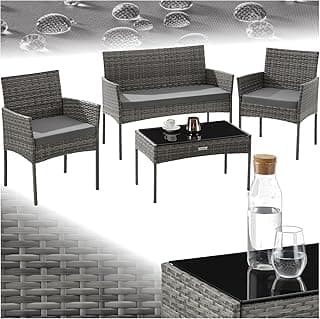 Conjunto Jardin Exterior de Ratán, Muebles Jardin Exterior para 4 Personas, Muebles Terraza con Mesa de Vidrio, Sofa Exterior y Sillas con Cojines Lavables, Sillon Cómodo - Gris