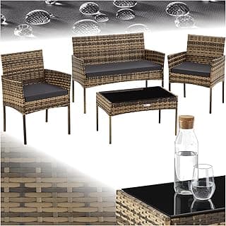Conjunto Jardin Exterior de Ratán, Muebles Jardin Exterior para 4 Personas, Muebles Terraza con Mesa de Vidrio, Sofa Exterior y Sillas con Cojines Lavables, Sillon Cómodo - Natural
