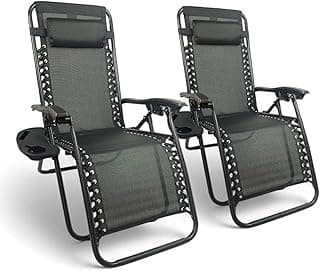Tumbona Jardin Exterior Plegable de Gravedad Cero - Pack 2 Sillas Reclinables o Hamacas para Playa, Terraza y Camping con Portavasos, Ligeras y Cómodas (Negro)