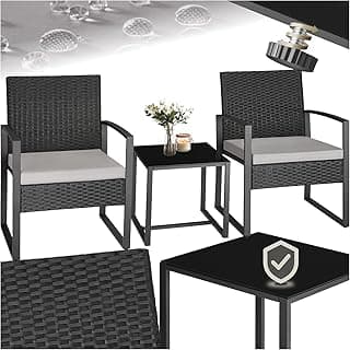 Conjunto Jardín Exterior para 2 Personas, Muebles de Jardin 2 Sillas Ratán con Cojines y Mesa Terraza con Tablero Vidrio de Seguridad, Fundas Extraíbles, Robusto y Resistente a la Intemperie