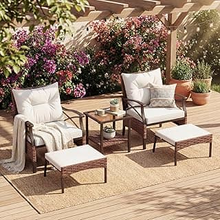 Conjunto Muebles Jardín Exterior de Ratán 5 Piezas, 2 Sillones, 2 Otomanas y Mesa de Vidrio, Cojines Extraíbles, para 2-4 Personas, Juego de Conversación para Patio Terraza (Marrón+Beige)