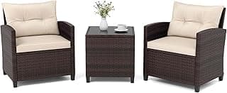 Conjunto de Muebles de Jardín, 3 Piezas de Ratán para Exterior, 2 Sillones con Cojines y 1 Mesa de Panel de Vidrio, Mesa y Sillas para Terraza, Jardín, Patio (Beige)