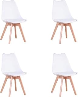 Pack de 4 Sillas Comedor Sillas de Cocina Nórdicas con Asiento Blando y Patas de Madera Maciza de Haya (Blanco)