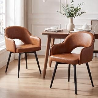 Juego de 2 Sillas de Comedor Silla Cocina Giratoria,Marrón | PU Cuero, Giro 360, Patas Metal, Cojín Comodo , Brazos y Respaldo Hueca, Antideslizante, para Hogar/Restaurante, MAX 113KG