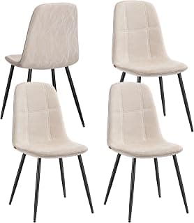 Sillas de Comedor, Juego de 4, Soporte de Metal, Pies Ajustables, Fácil Limpieza, Sillas de Cocina, Tejido de Chenilla, PU con Textura Brillante, Blanco Crema KDC188W01