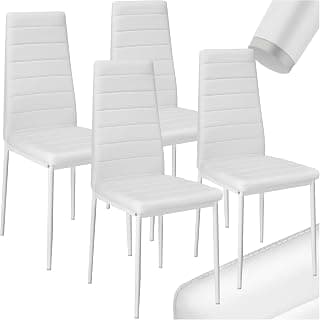 sillas de comedor acolchadas, funda de cuero sintético, respaldo alto, patas de acero, montaje sencillo, sillas comedor modernas, muebles salon modernos, silla nordica - 4 Sillas Blanco