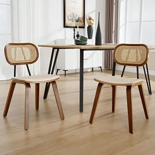 Juego de 2 Sillas de Comedor Marco de Madera, Madera Natural | Silla de Cocina,Respaldo de Ratán, Patas Madera Ajustable, Asiento Tapizado de PU Cuero, para Hogar/Restaurante