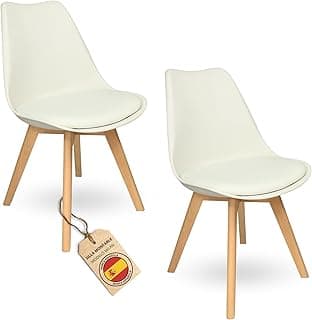 Sillas de Comedor Nórdicas con Respaldo Ergonómico con Material PU y Patas con 2,8cm de Anchura | Sillas de Cocina con Madera de Haya Maciza (2 Sillas Blancas)