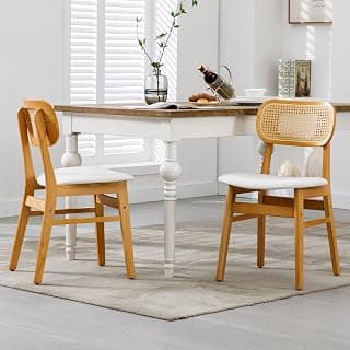2PCS Sillas de Comedor Madera Asiento de Cuero PU, Blanco | Sillas de Cocina con Respaldo Ratán, Patas de Madera, Sin Brazos, Silla Moderna