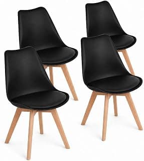Pack 4 Sillas Comedor Cocina Nórdicas Tapizadas Patas Haya Negro | Respaldo ergonómico asiento PU fácil de limpiar patas de haya y probado por SGS para comedor cocina salón u oficina