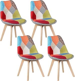 Juego de 4 Sillas de Comedor,Patchwork,Multicolor | Patas de Madera Maciza FSC, Estilo Escandinavo, Transpirable y Cómoda, para Comedor o Salón