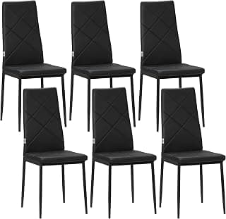 Pack de 6 Sillas de Comedor Respaldo Alto Asiento Acolchado Negro | Sillas de Cocina Modernas, Tapizadas de Cuero Sintética, Patas de Acero