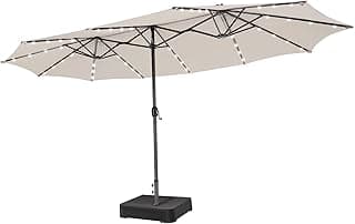 Sombrilla Terraza Exterior Doble, Sombrillas Jardin Grandes con 48 Luces LED y Base, Panel Solar de Carga automática, Manivela, Parasol Terraza Exterior (Beige, 470 x 280 cm (con LED y Base))
