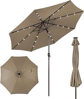 Ø300 cm Sombrilla Terraza Exterior, Parasol Terraza Exterior Plegable con 24 Luces LED Solar, Manivela y 8 Varillas de Metal, Protección UV, Impermeable, para Terraza, Marrón