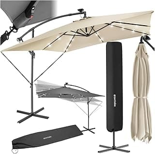 Sombrilla Terraza Exterior con Iluminación Solar LED, Sombrilla Playa con Manivela Manual e Inclinación Ajustable, Sombrilla Jardín, Parasol Terraza, Ø250cm, con Funda Protectora
