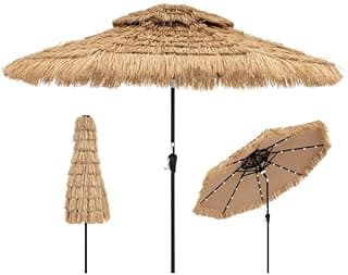 Sombrilla Terraza Exterior con Techo de Paja, Sombrilla Hawaiana con 8 Varillas, Botón para Inclinación, Parasol Exterior con Doble Respiradero para Playa Patio Piscina (270cm con Luz)