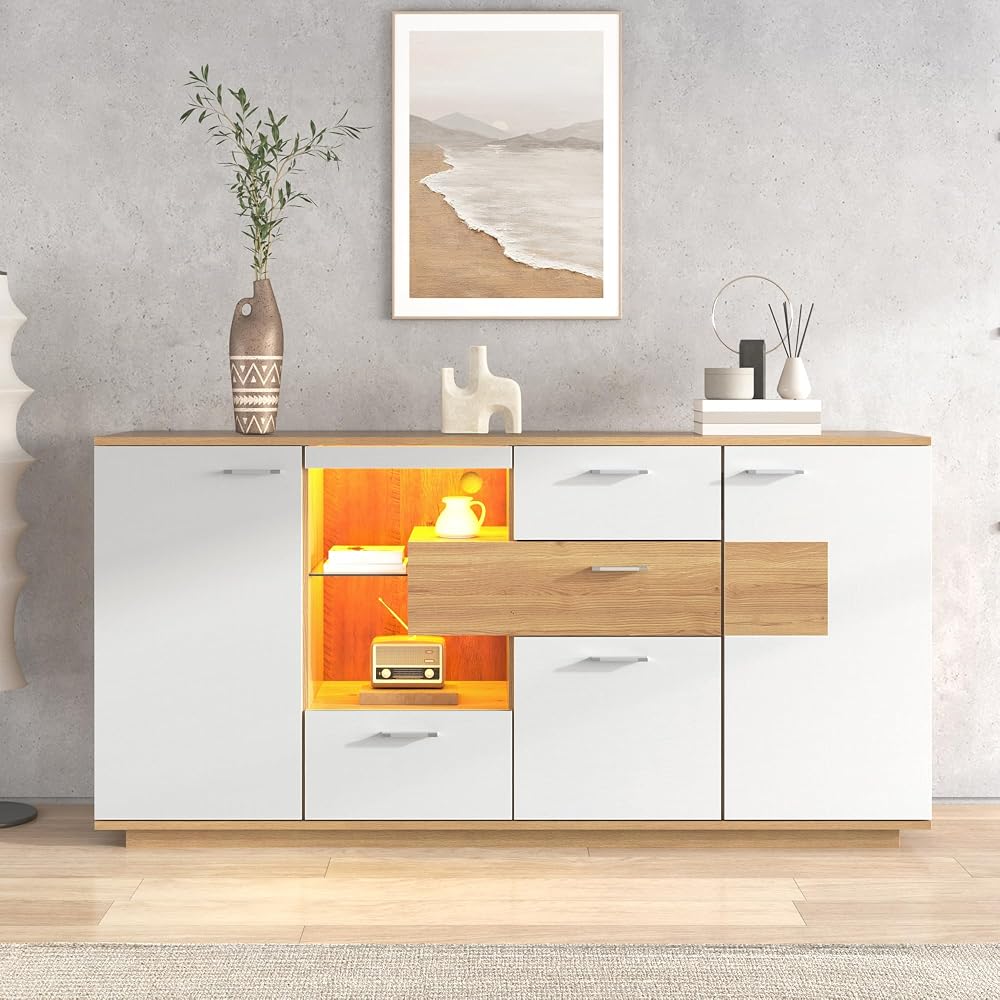 Aparador con luz LED Madera y Blanco
