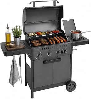 Barbacoa de Gas IGNIS 4+1 (4 Quemadores + 1 Lateral) - 123 x 55 x 110 cm - Superficie de Cocción 60 x 38 cm - Con Termómetro, Bandejas Laterales, Ruedas y Parrilla de Hierro Fundido - Negro