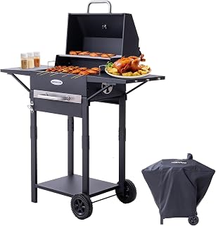 Barbacoa carbón con tapa y funda protectora, Parrilla 2 en 1 compacta para balcón, Termómetro integrado, Mantener caliente, Lista para uso exterior y almacenamiento