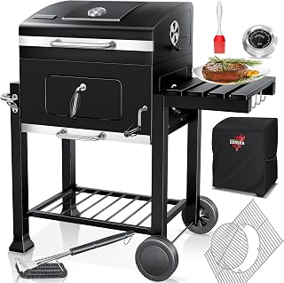 Parilla de Carbón con Carrito Grill con Tapa, Ruedas, Mango de Acero Inoxidable | Barbacoa, Cepillo, Cubierta y Termómetro Carbón Wagen Grande BBQ Barbacoa Camping, Jardín XL Negro