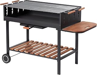Bratislava - Barbacoa de carbón vegetal, 60 x 100 cm, estante lateral, rejillas de altura regulable, portátil, acero/madera de pino, color negro