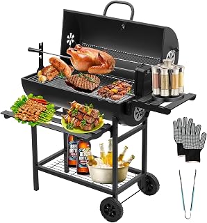 Barbacoa de Carbón de Madera, Parrilla Barbacoa con Rejilla de Cocción XXL, Guantes Antigrietas, Termómetro, Cajón de Ceniza, Ventilación Regulable, Mejorada (con Soporte para Asar Pollo)